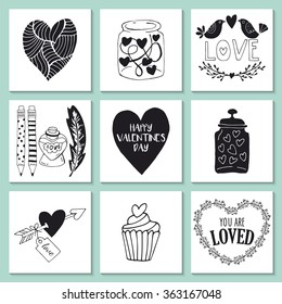 Romantic hand drawing set of cards for Valentine's day. Isolated vector illustration