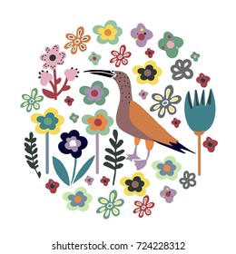Romantic hand drawn background with bird and stylized flowers. Concept vector illustration in bright colors, 