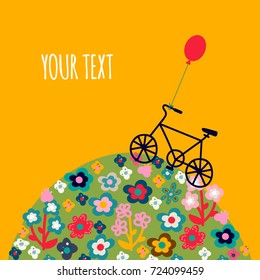 Romantic hand drawn background with cartoon bike and stylized flowers. Great for greeting cards, postcards, invitations. Concept vector illustration in bright colors, 