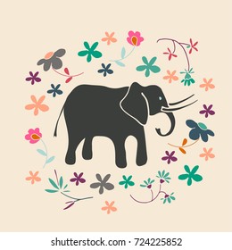 Romantic hand drawn background with cute elephant and stylized flowers. Concept card in bright colors, Vector illustration.