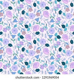 Romantic hand drawn background with flowers. Vintage seamless pattern spring garden flowers in pastel colors.