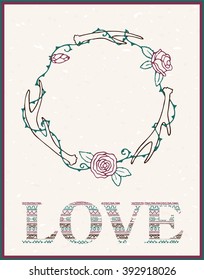 Romantic hand drawn boho card with wreath of roses and antlers