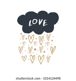 Romantic hand drawn card. Hearts rain, set. Love and care. Vector, clip art. Isolated.