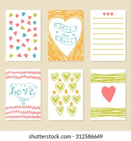 Romantic hand drawn card set. Collection of brochures, posters, flyers, placards and banners. Modern design for invitation. Vector illustration