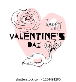 Romantic hand drawn cartoon illustration with pink abstract heart shape and flamingo tropical bird. Lovely greeting card for valentine s day, wedding, anniversary, invitation, holiday, party, postcard