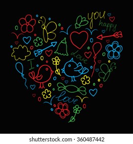 Romantic hand drawn concept in love with birds. Fantasy cartoon, doodle vector set with hearts. Children's painting (drawings)