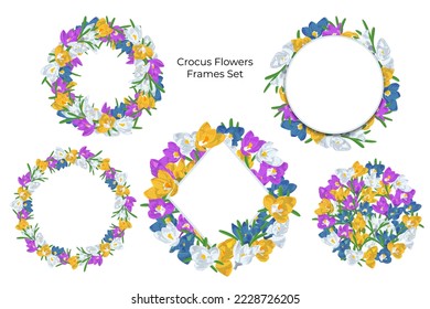 Flores de croco dibujadas a mano románticas ambientadas. Marcos florales. Ilustración vectorial de material.