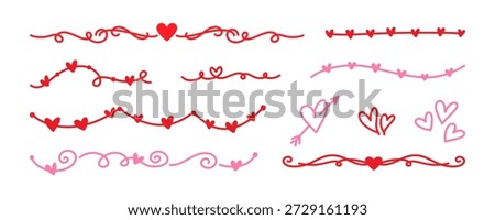 Romantic hand drawn dividers and borders with red and pink hearts. Creative decorative elements for letters, invitations, and wedding design projects. Decorative hearts for Valentine's Day.