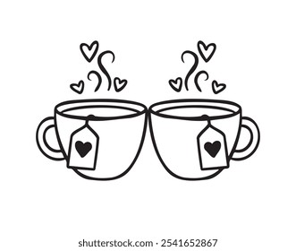 Romantic hand drawn doodle two cups of tea. Cute vector hand drawn illustration isolated. Valentine Day set with love elements. Vector illustration