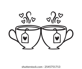 Romantic hand drawn doodle two cups of tea. Cute vector hand drawn illustration isolated. Valentine Day set with love elements. Vector illustration