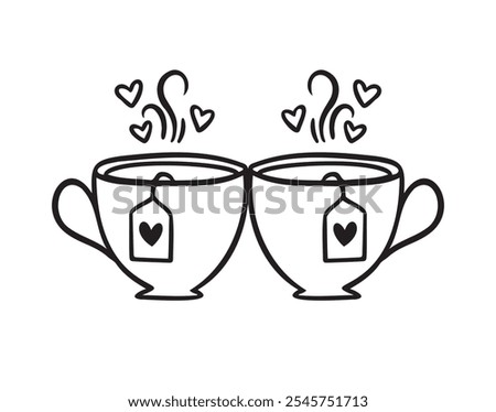 Romantic hand drawn doodle two cups of tea. Cute vector hand drawn illustration isolated. Valentine Day set with love elements. Vector illustration