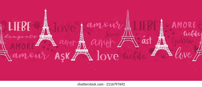 Romantic hand drawn Eiffel Tower seamless pattern, great Valentine's Day background with the word 'love' in different languages, great for textiles, banners, wallpapers, wrapping - vector design