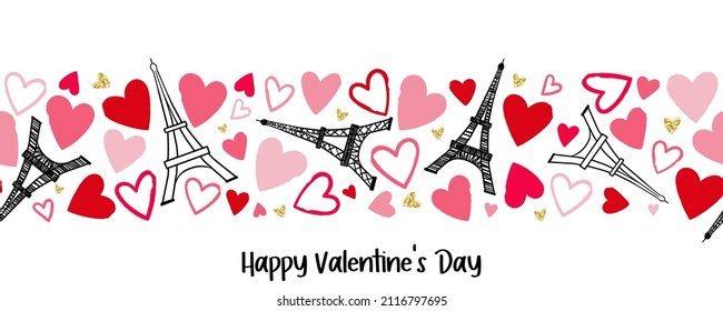 Romantic hand drawn Eiffel Tower seamless pattern, great Valentine's Day background with doodle hearts, great for textiles, banners, wallpapers, wrapping - vector design