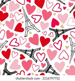 Romantic hand drawn Eiffel Tower seamless pattern, great Valentine's Day background with doodle hearts, great for textiles, banners, wallpapers, wrapping - vector design