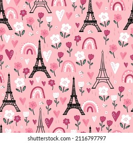 Patrón sin fisuras de la Torre Eiffel dibujado a mano romántica, gran fondo del Día de San Valentín con corazones y flores de doodle, grandioso para textiles, pancartas, papel pintado, envoltura - diseño vectorial