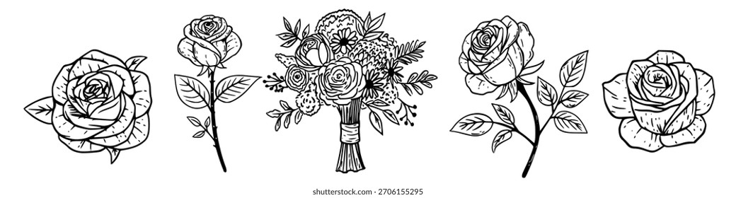 Conjunto de flores dibujadas a mano románticas. Ramo de Antiguas, flores florecientes, rosa en estilo de tinta de boceto