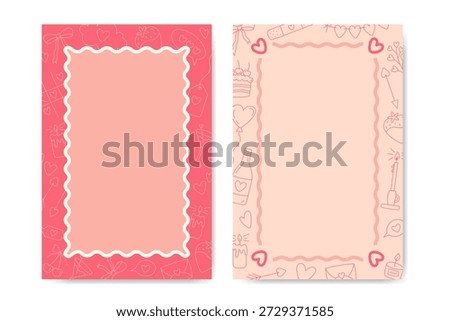 Romantic hand drawn frame with hearts and cute doodles in soft pink pastel colors. Valentine’s day background with copy space for text, greeting card, invitation, poster, social media or print design.