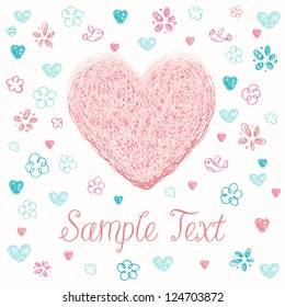Romantic hand drawn greeting card with doodle linear stylized heart and pattern with birds and flowers. Template for design