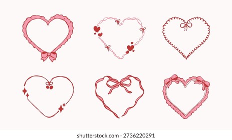 romantic hand drawn heart frames with bows, cherries, and frilly ribbons in pink and red for valentine or wedding clipart, cards, and design kits
