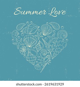 Romantic hand drawn heart with seashells and “Summer Love” text on blue background. Perfect for summer holidays and wedding themes.