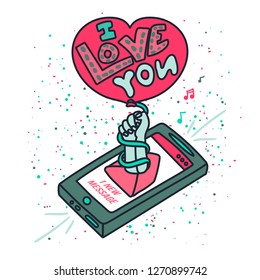 Romantic hand drawn lettering. I love you SMS illustration. Valentine Day greeting card, poster