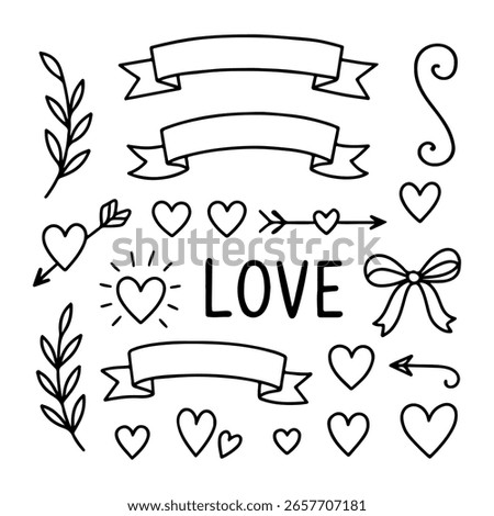 Romantic Hand Drawn Love Elements Set with Hearts, Ribbons and Arrows