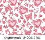 Romantic hand drawn  Love Theme Tattoo art  seamless pattern. Heart, angel, cupid, butterfly, rose in trendy retro style. Vector,Design for fashion , fabric,  wrapping and all prints 
