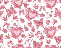 Romantic Hand Drawn  Love Theme Tattoo Art  Seamless Pattern. Heart, Angel, Cupid, Butterfly, Rose In Trendy Retro Style. Vector,Design For Fashion , Fabric,  Wrapping And All Prints 