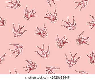 Romantic hand drawn  Love Theme Tattoo art  seamless pattern. Swallow Bird trendy retro style.in trendy retro style. Vector,Design for fashion , fabric, textile, wallpaper , wrapping and all prints 