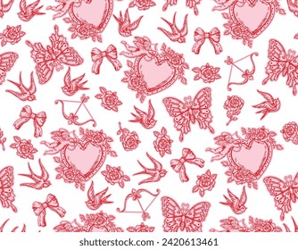Romantic hand drawn  Love Theme Tattoo art  seamless pattern. Heart, angel, cupid, butterfly, rose in trendy retro style. Vector,Design for fashion , fabric,  wrapping and all prints 