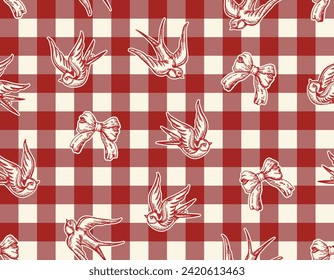 Romantic hand drawn  Love Theme Tattoo art  seamless pattern. Swallow Bird on Red gingham check trendy retro style. Vector,Design for fashion , fabric, textile, wallpaper , wrapping and all prints 