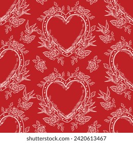 Romantic hand drawn  Love Theme Tattoo art  seamless pattern. Heart, angel, cupid, butterfly, rose in trendy retro style. Vector,Design for fashion , fabric, wrapping and all prints  svg