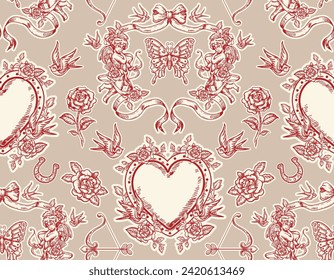 Romantic hand drawn  Love Theme Tattoo art  seamless pattern. Heart, angel, cupid, butterfly, rose in trendy retro style. Vector,Design for fashion , fabric and all prints svg
