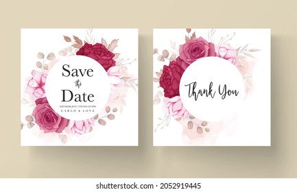 romantic hand drawn maroon floral wedding invitation card