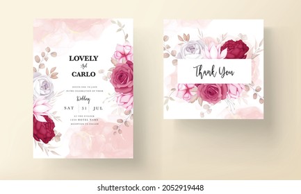 romantic hand drawn maroon floral wedding invitation card