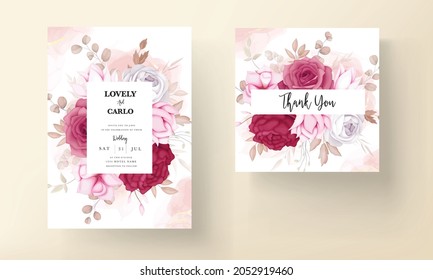 romantic hand drawn maroon floral wedding invitation card