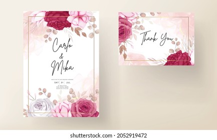 Romantic Hand Drawn Maroon Floral Wedding Invitation Card