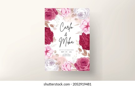 Romantic Hand Drawn Maroon Floral Wedding Invitation Card