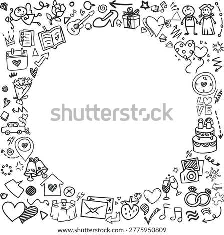 A romantic hand drawn pattern frame of wedding icons with central copy space featuring hearts and flowers.