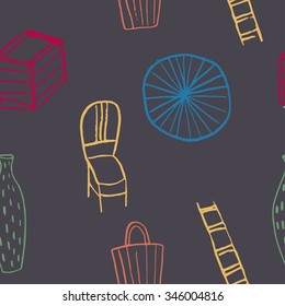 Romantic hand drawn pattern with ladder, wheel, chair and  vase