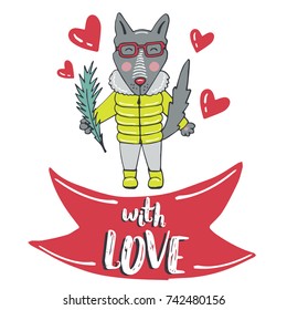 Romantic hand drawn poster, cartoon vector illustration. Christmas, New Year, Valentines day card template with phrase, animal and decor elements. Design for greeting cards, t-shirt, prints.