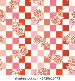 Romantic hand drawn Rose  flower , Love Theme Tattoo art  seamless pattern  trendy retro checkered  Vector,Design for fashion , fabric, textile, wallpaper , wrapping and all prints 