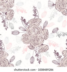 Romantic hand drawn seamless pattern with flowers. Background with floral spring bouquets. Vector illustration