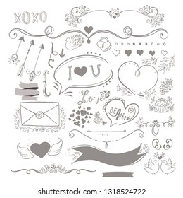 Romantic hand drawn vector doodles, text dividers, hearts, love, cupid arrows, letter, cupcake and florals