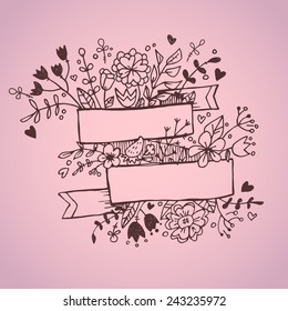 Romantic hand drawn vector illustration with ribbons, hearts, flowers, arrows and wreaths. 