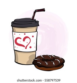Romantic hand drawn vector illustration with coffee to go cup, chocolate donut  on light pink watercolor background.
