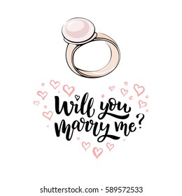 Romantic hand drawn vector illustration. Gold ring with pearl and lettering Will you marry me? 