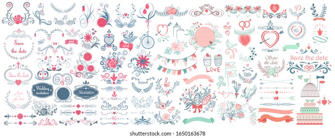 Romantic hand drawn vector wedding graphic set of cute floral flowers, frames, arrows, birds, brougham, laurel, and labels