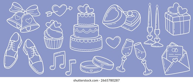 Ícones românticos de linha de casamento desenhado à mão para convites e decorações