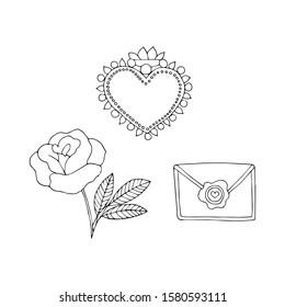 Romantic hand dtawn set with heart, rose, card. Vector hand drawn wedding illustration.